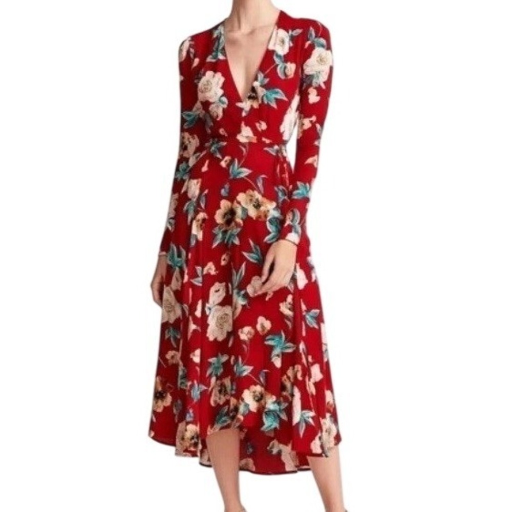 Stone Cold Fox Silk Wrap Dress 1 Fits 2 Red Floral Long Sleeve Ruffle Maxi Gown